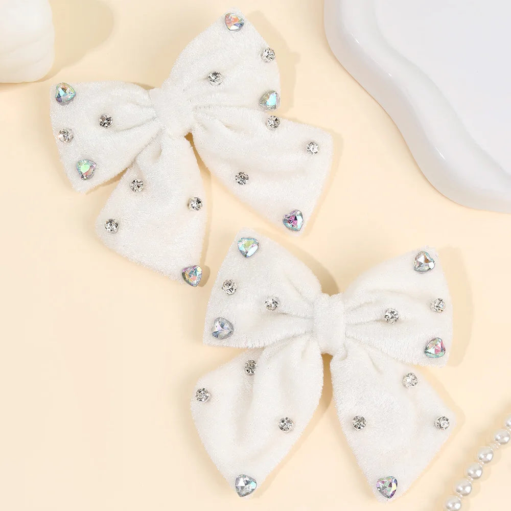 2Pcs Girls Velvet Bow Hair Clips Elegant Heart Shape Rhinestones Hairpins Vintage Burgundy Barrette Fall/Winter Hair Accessories