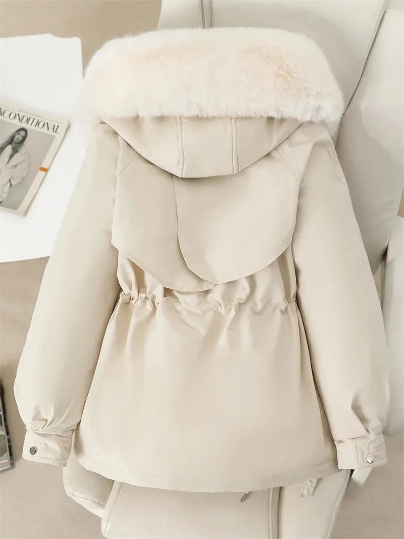Fleece Lined Hood Down Jacket Winter Coat for Women Warm Drawstring Padded Parkas Korean Casual Streetwear Female Puffer Outwear