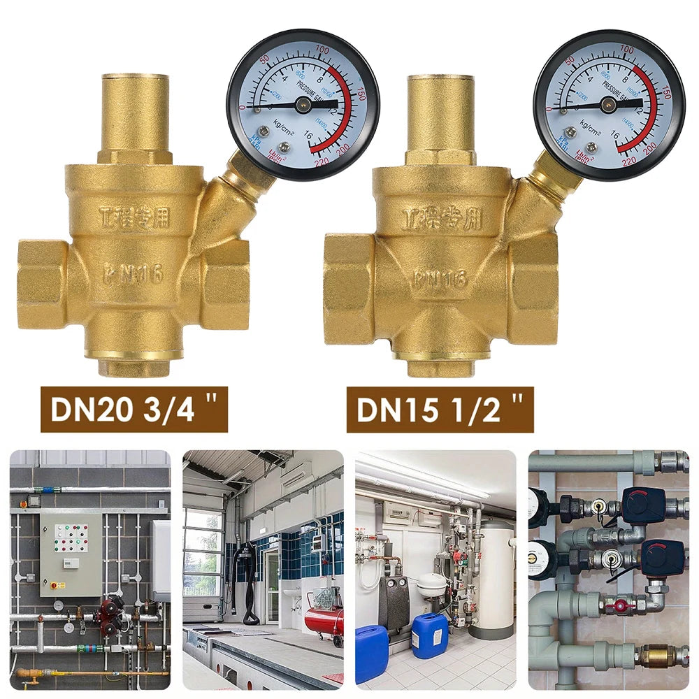 Water Pressure Regulator Brass Pressure Regulator DN20/15 Brass Adjustable Water Pressure Regulator Reducer with Gauge Meter