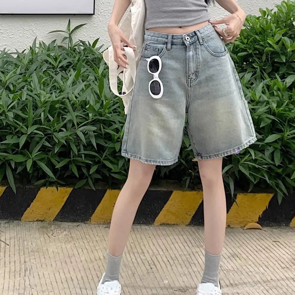 Retro Style Women Denim Shorts High Waist Vintage Washed Straight Wide Leg Button Zipper Knee Length Jeans Shorts Summer