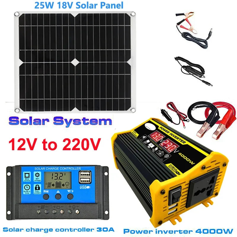 12V to 110V/220V Solar Power System 25W Solar Panel 30A Charge Controller 4000W Modified Sine Wave Inverter Power Generation Kit