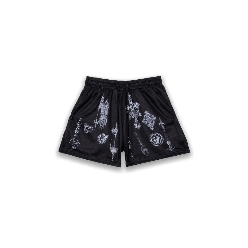 2026 Summer Y2K Gothic Weapon Print Mesh Shorts Men Breathable Streetwear Elastic Waist Casual Gym Lightning Pattern Shorts