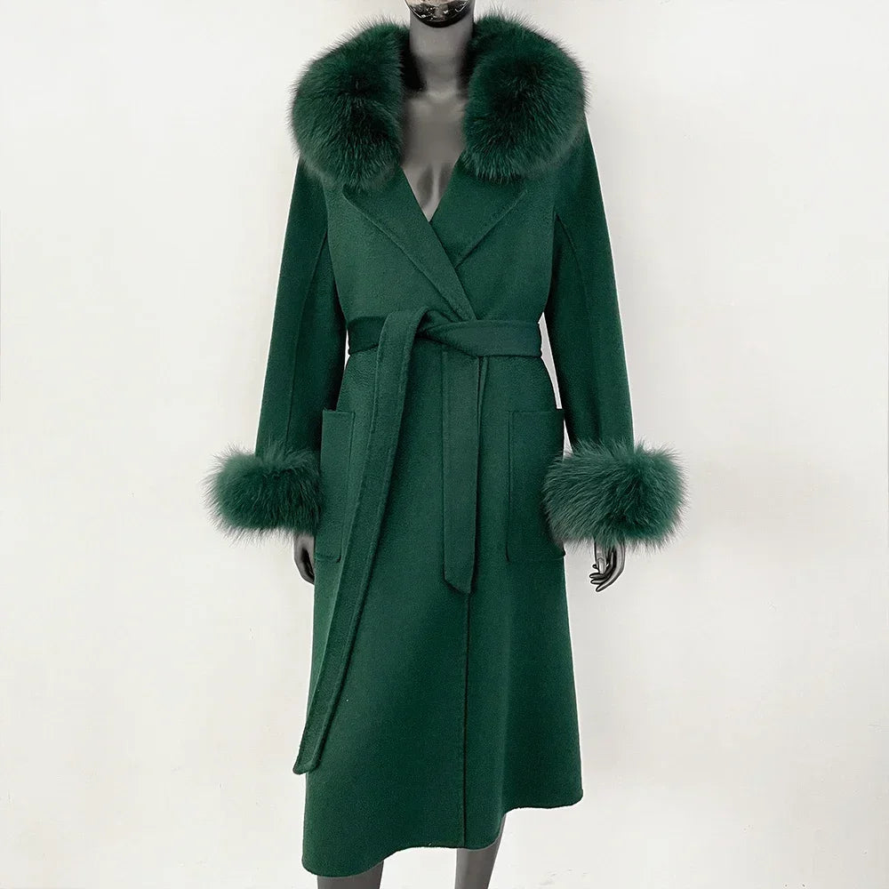 Real Fox Fur Collar Woolen Coat Women's Autumn Winter Warm Natural Fur Coat Casual Wool Fur Jacket Fashion Long Fur Coat Women's