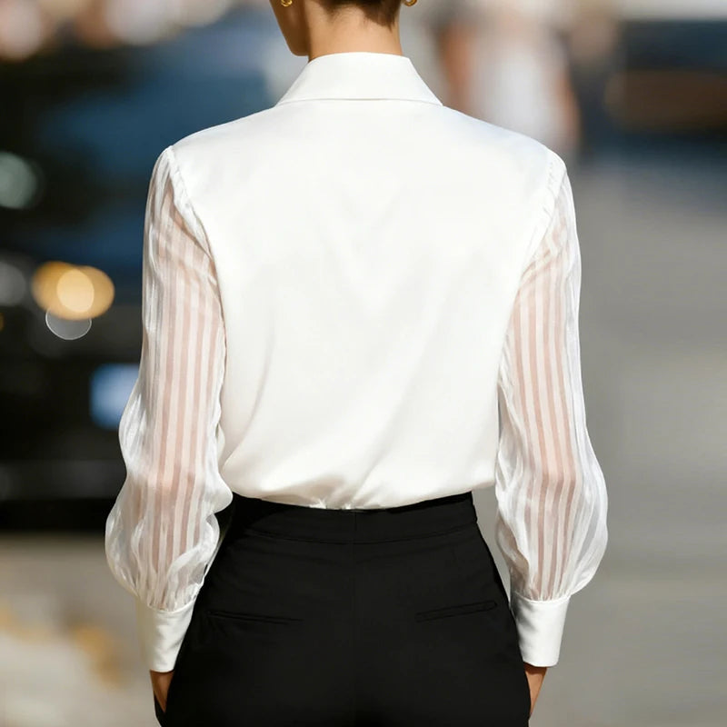 Fashion Women Long Sleeve Silk Shirt Black Turn Down Collar Button Blouse Women Office Tops Mesh See Through Sleeve Satin Shirt