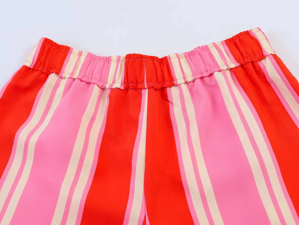 BSAY 2026 Women's Striped 2-Piece Outfit Short Sleeve Shirt Top + Elastic Waist Wide Leg Pants Set Casual Summer Matching Sets