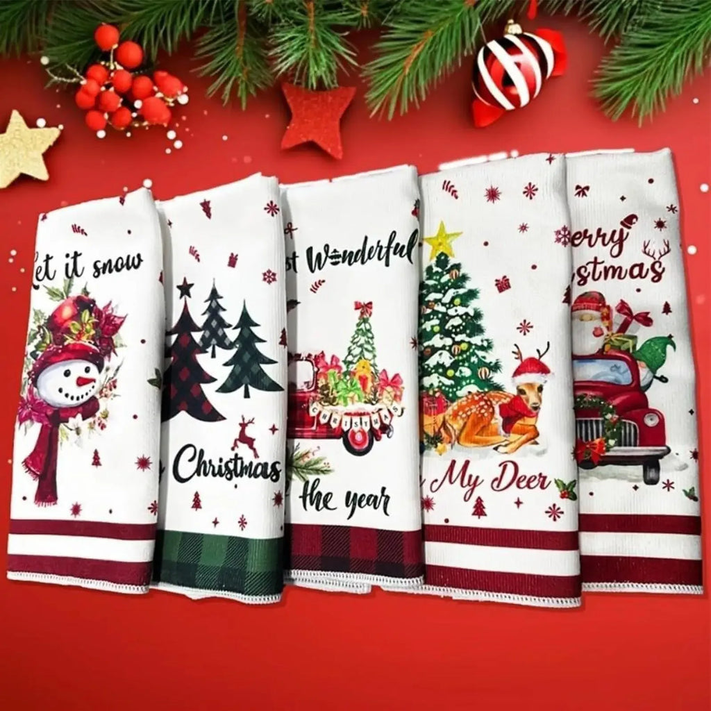5 Christmas Kitchen Towels, Holiday Dishcloths, Santa Claus, Reindeer, Snowman, Christmas Towels, Holiday Parties, Family Meals