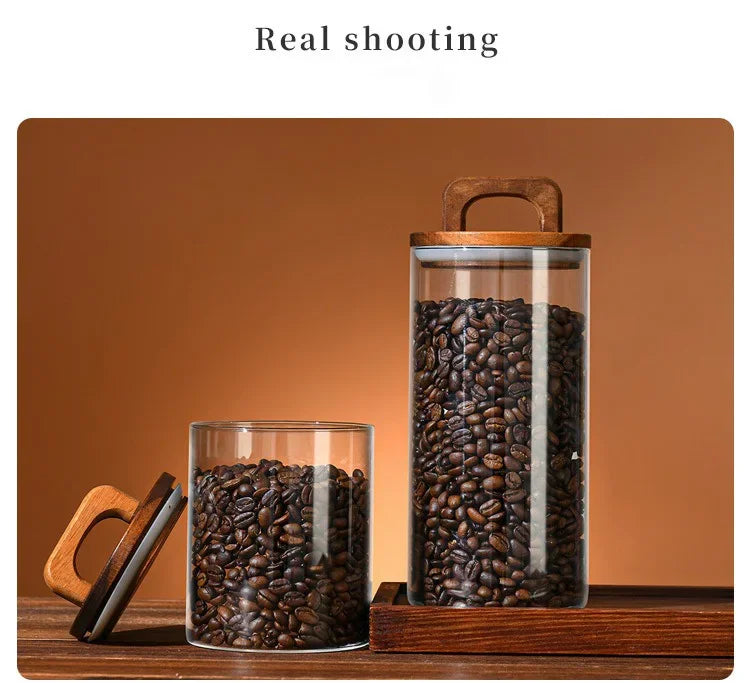 Clear Glass Jar with Bamboo Lid Sealed Canister Food Storage Container for Loose Tea Coffee Bean Sugar Salt Kitchen Gadgets