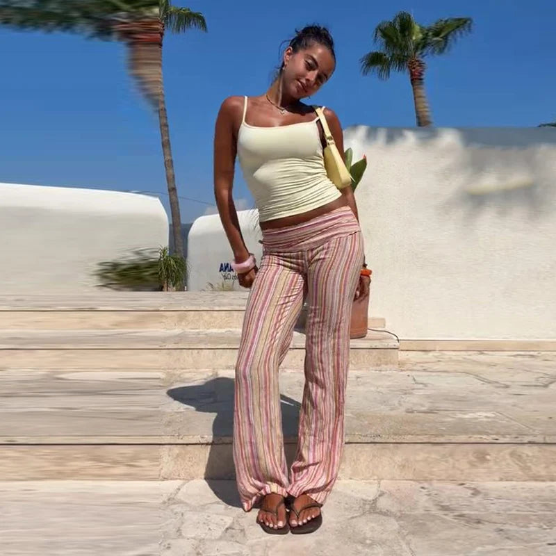 Color Vertical Stripe Women's Wide Leg Pants Folded Wide Waistband Side Thin Drawstring Tie Relaxed Drape Length Casual Pants