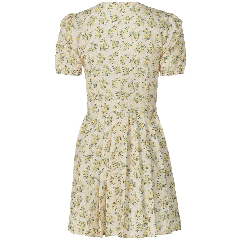 Hugcitar 2026 Floral Print V Neck Short Sleeve Lace Up Zip Up Sexy Slim Pleated Mini Dress Summer Elegant Outfits Party Vacation