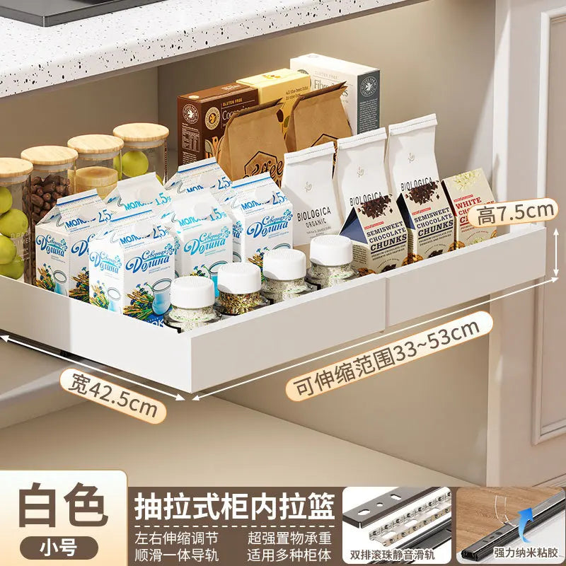 Expandable Pull Out Cabinet Organizer Rack, Adjustable Sliding Drawer Storage Basket , Pantry and Kitchen Cabinet Organizer