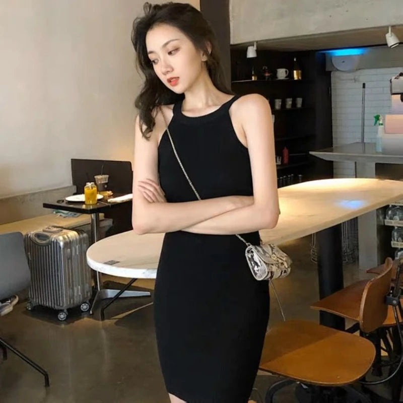 Summer New Style Hong Kong Flavor Slimming Sexy Girl Neck Hanging Bodycon Dress Shoulder Exposure Knitted Strap Dress Women