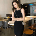 Summer New Style Hong Kong Flavor Slimming Sexy Girl Neck Hanging Bodycon Dress Shoulder Exposure Knitted Strap Dress Women