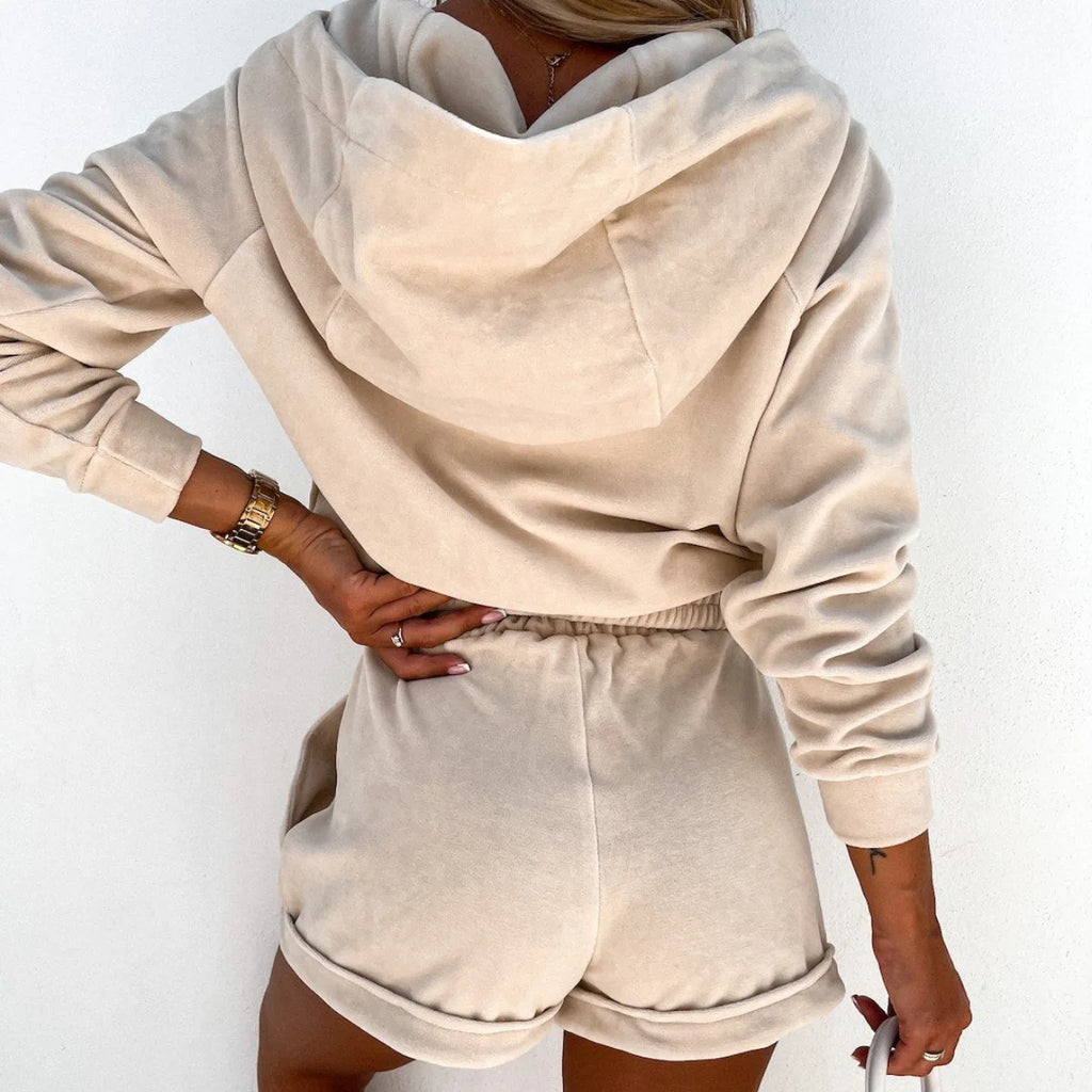 Velvet Sports Style Pant Sets Women Solid Color Hooded Cardigan Shorts Two Piece Set Fashion Casual Female Clothing Streetwear