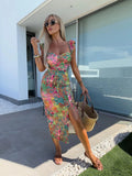 New European and American Summer Elegant Design French Flower Suspender Slit Midi-Length Ladies Dress
