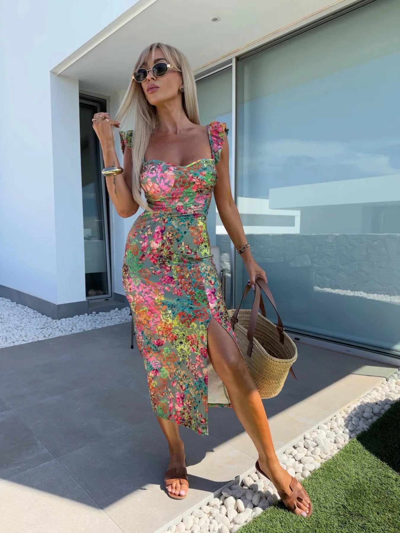 New European and American Summer Elegant Design French Flower Suspender Slit Midi-Length Ladies Dress