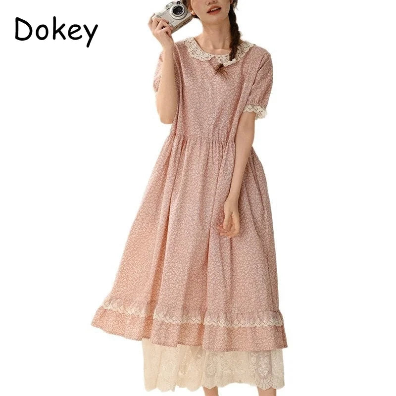 Vintage Ruffled Cotton Linen Flower Dress Women's New Summer Peter Pan Collar Short Sleeve Loose Boho Dress Casual Midi Vestidos