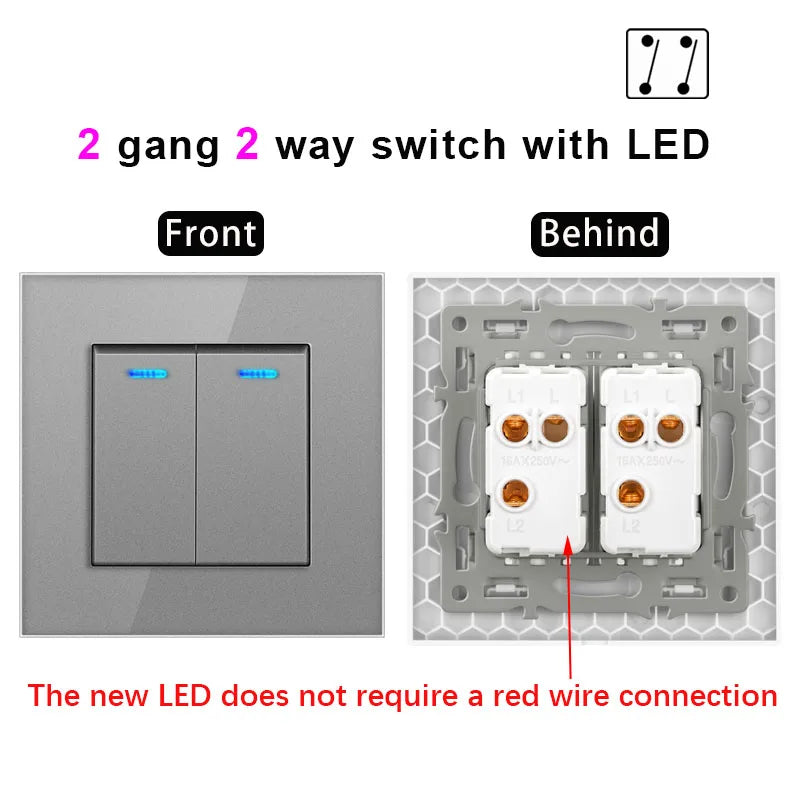 NYWP Luxury Crystal Tempered Glass Panel 1 Gang 2 Way Light Switch On / Off Wall Switch With LED Indicator 16A AC 250V