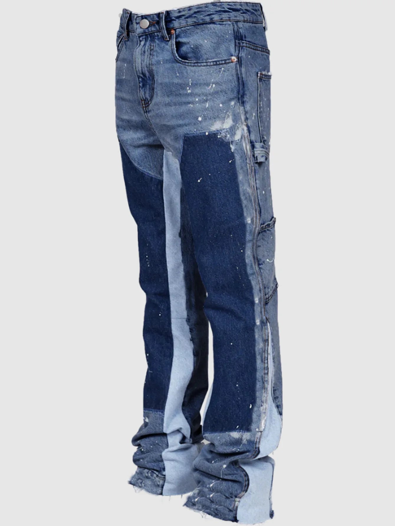 Mens Fashion Jeans Work Pants European American Style Workwear Elastic Patchwork Denim Layered Flared Pants S-XXL Streetwear