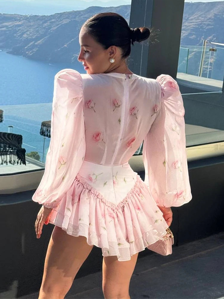 Women Rose Print Dress Puff Long Sleeve Mini Dress Sheer Mesh Ruffle Hem Button Front Fairy Party Short Dresses Summer Wear