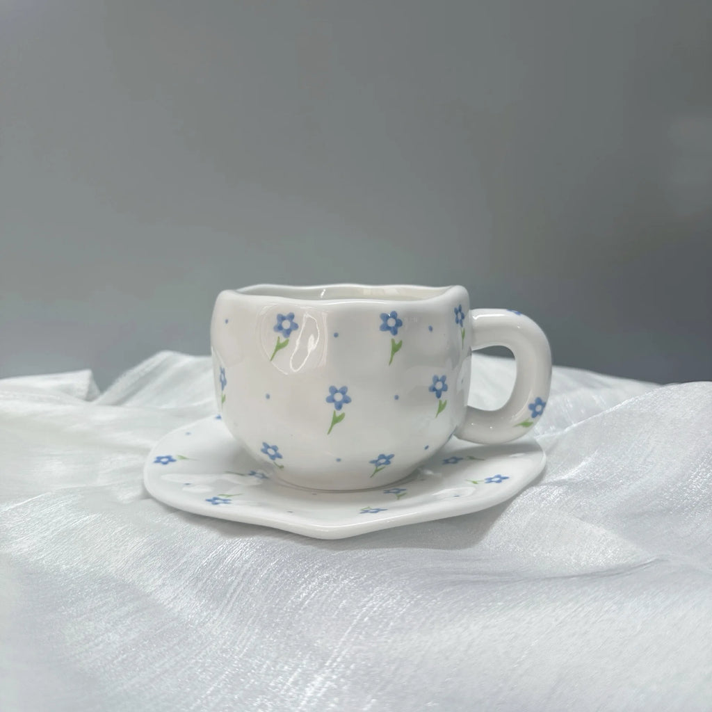 ins style retro flower ceramic cups and saucers, hand-squeezed irregular coffee cups and saucers, afternoon tea cups and saucers