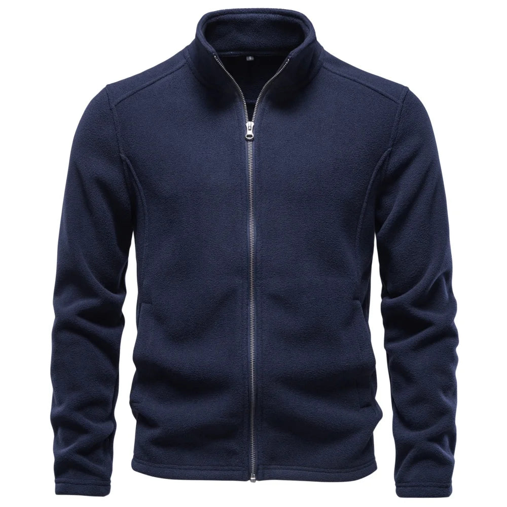 AIOPESON Men's Fleece Jacket Full Zip Stand Collar Solid Color Polar Fleece Outerwear Autumn Winter Outdoor Casual Light Coat