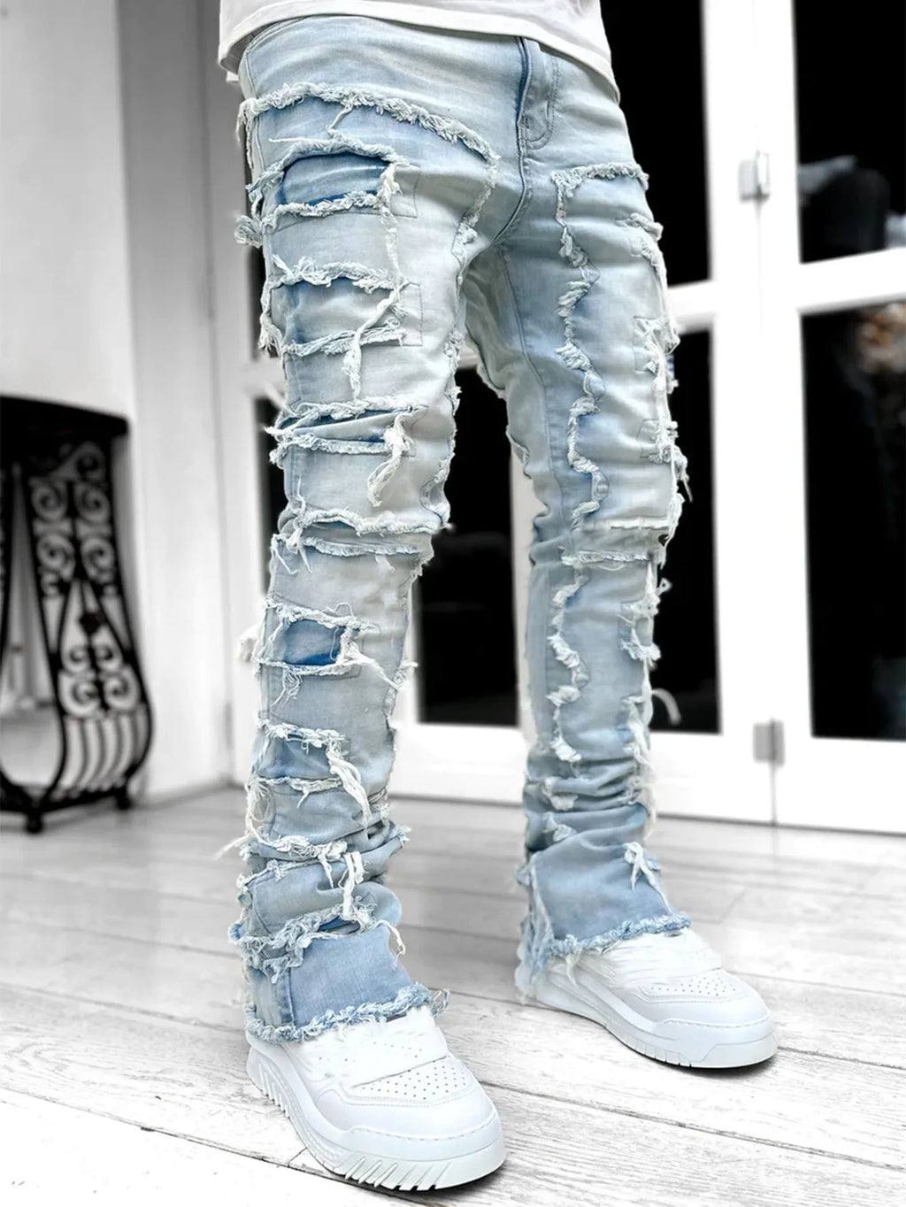 2026 New Men's Denim Straight-Leg Pants, European and American Street Fashion Ins Stretch Patch Denim Straight-Leg Pants