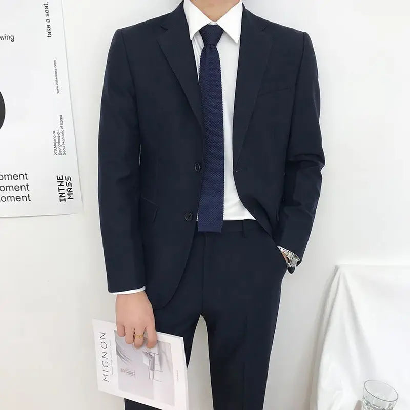 Men Slim Fit Business Casual Suit Set Long Sleeve Blazer Student Youth Formal Two Piece Outfit