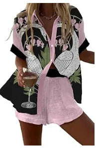 Personalized and Vibrant Beach Style 3D Digital Printed Loose Thin Shirt Casual Summer Women's Top Shorts Two-piece Set