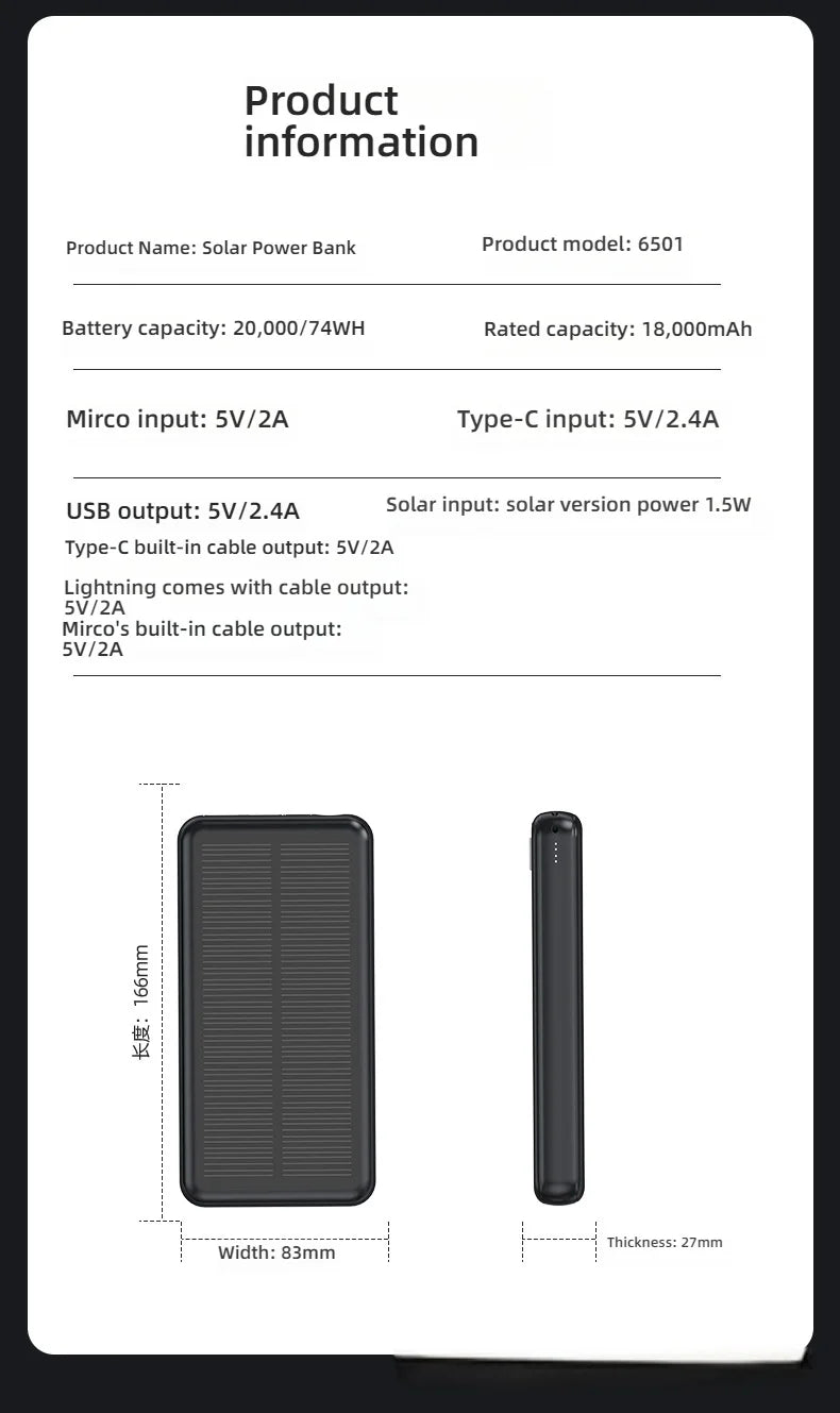 30000mAh Solar Power Bank Super Fast Charging Compact Portable Built-in 4 Cable High Capacity External Battery with Led Light