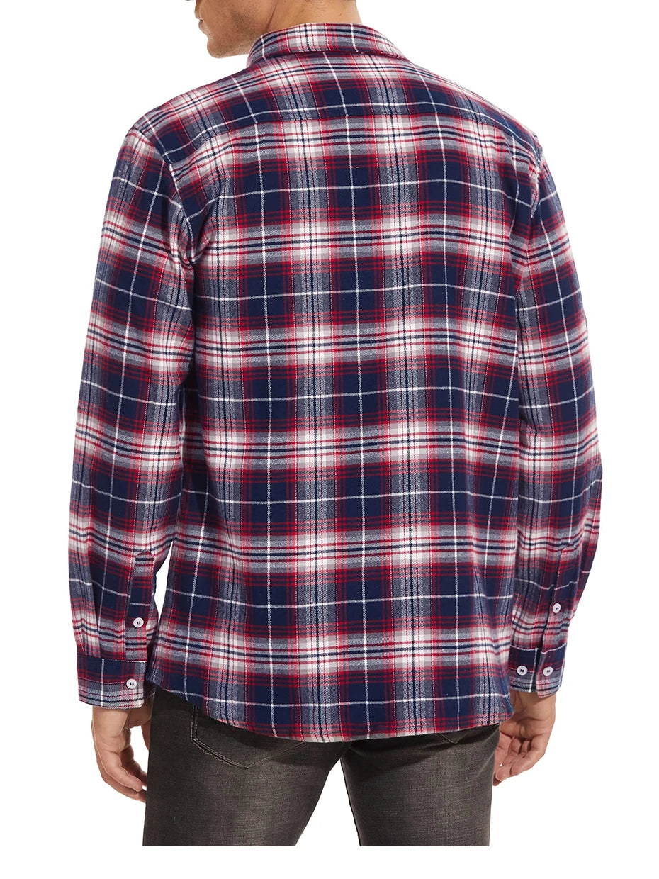MAGCOMSEN Autumn Windproof Men's Flannel Shirt Warm Long Sleeve Casual Plaid Shirts with Two Chest Pockets