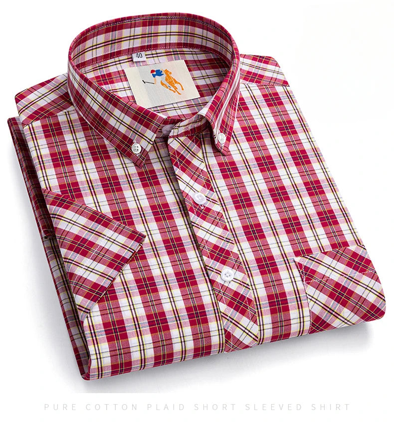 Fashion Korean Plus Size 8XL 100%Cotton Short Sleeve Shirts for Men Slim Fit Formal Plain Shirt Plaid Hawaiian Shirt Casual Top