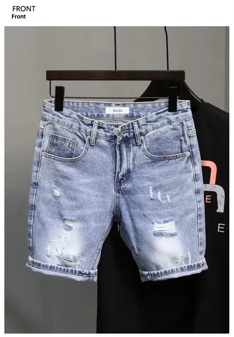 Trendy Blue Denim Shorts For Men Casual Style Slim Fit Korean Version Ripped Pockets Summer Lightweight Trousers