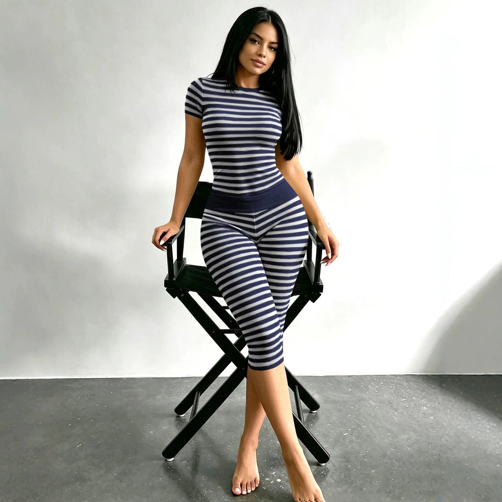 Stylish Lady Striped Two Piece Set Women Short Sleeve Top And Capri Leggings Bodycon Casual Home Workout Loungewear Fitness Suit