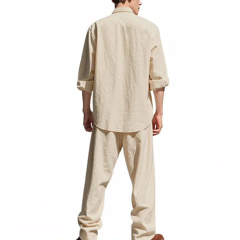 Tracksuit 2025 Seasons Linen Men's Casual Loose Breathable Long sleeved Pants Shirt Beach Set in Stock Male  Clothing Big Size