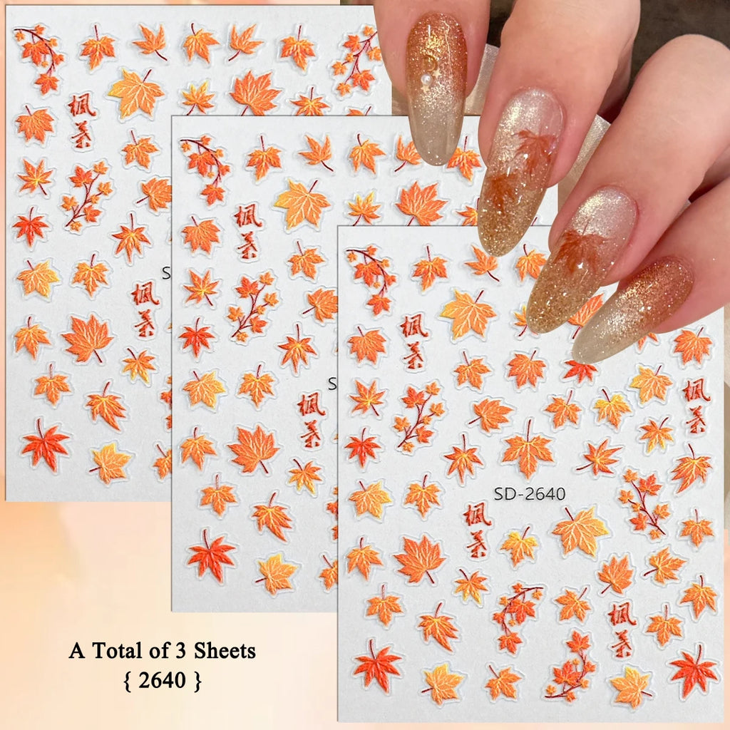 3 to 30 Sheets Autumn Maple Leaves Nail Stickers 5D Embossed Gold Foil Fall Leaf for Nails, Self-Adhesive DIY Manicure Art