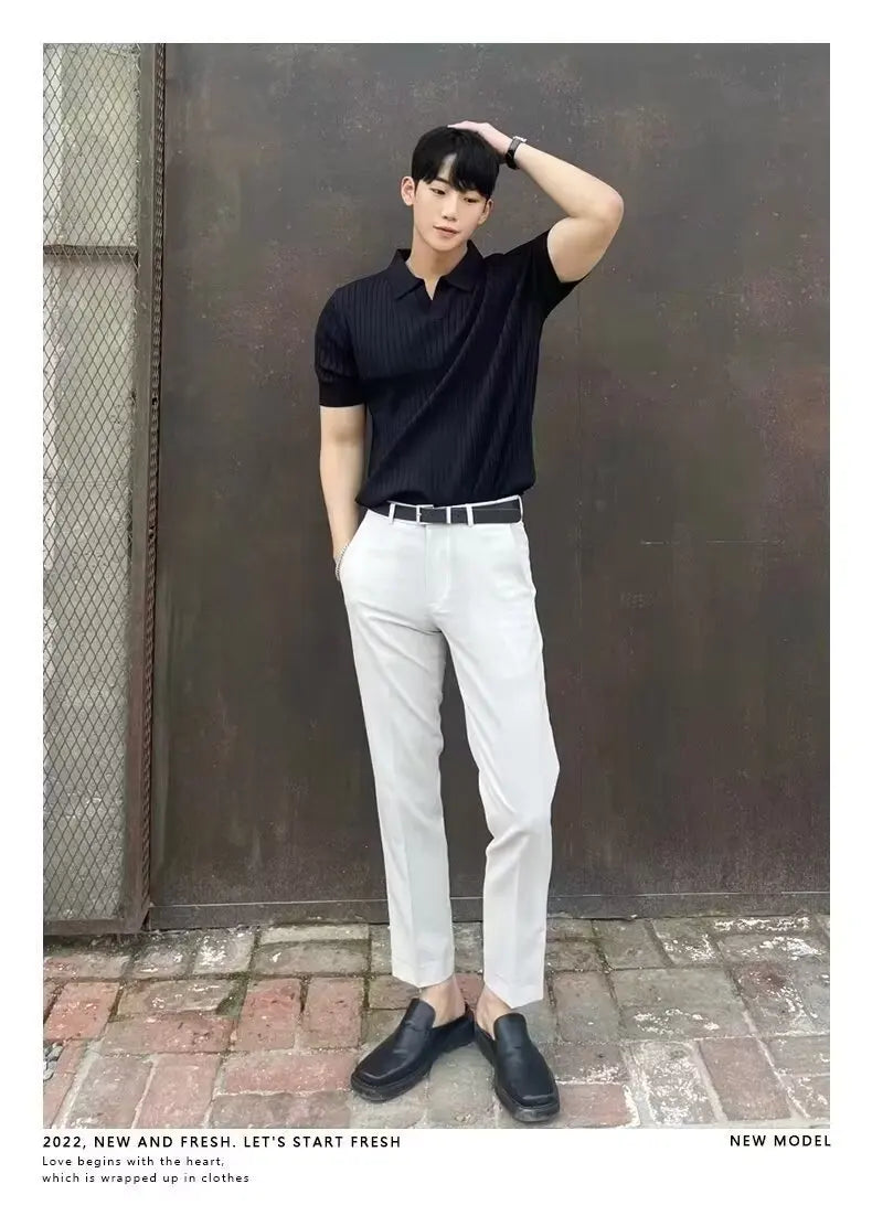 Trendy Polo Shirt for Men Summer Solid Color Top Versatile Knit Style Korean Short Sleeves Casual Fashion T-shirt