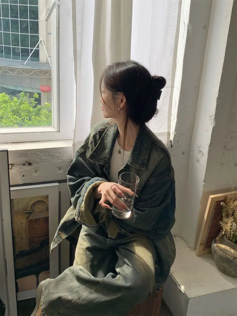 Vintage Washed Denim For Women Loose Fit Street Style Casual Biker With Retro Spring Autumn Layering Outerwear