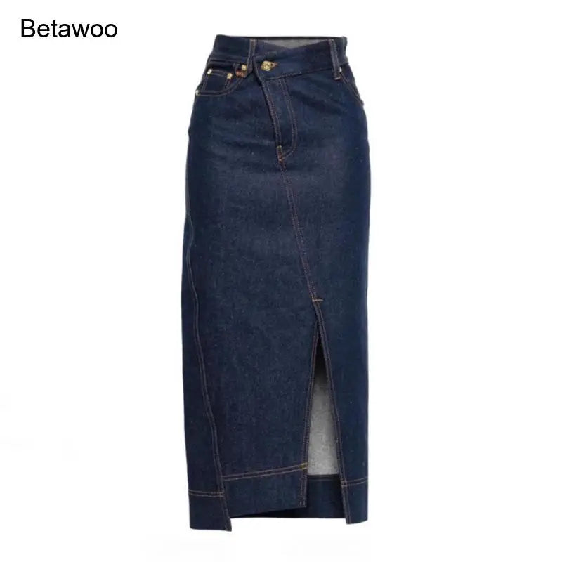 Women Dark Denim Midi Skirt High Waist Asymmetrical Wrap with Slit Casual Elegant Jean Skirt