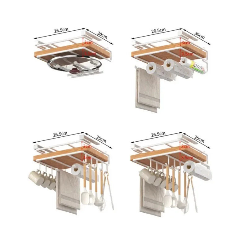 Kitchen Hanging Organizer Rack with Hooks Under Cupboard Paper Towel Rags Hanger Cutting Board Pot Cover Holder Storage Shelf