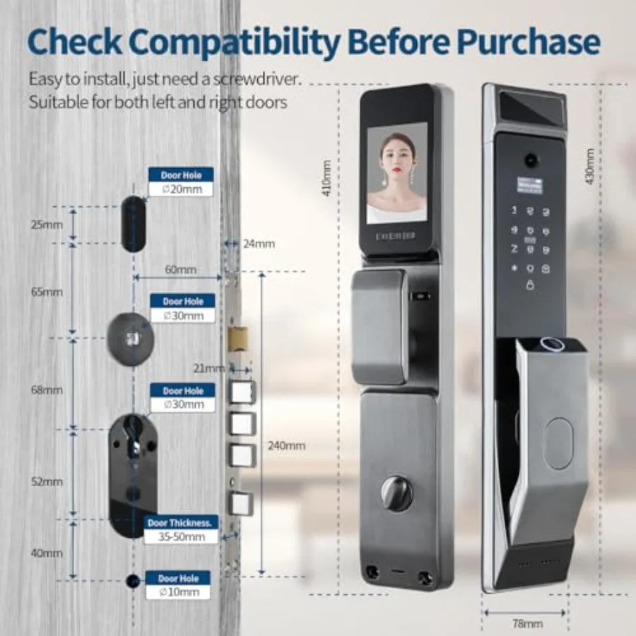 Smart Door Lock with Camera for Home Security: Aluminum Alloy, Black, 3D Face Recognition, Fingerprint Biometrics, Wi-Fi Remote