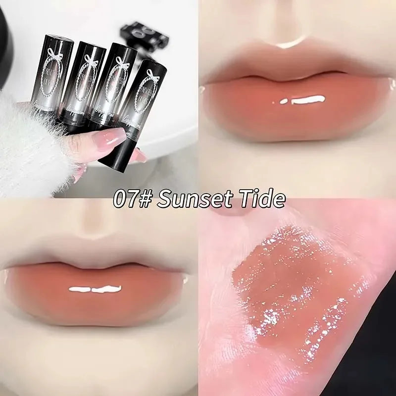 Pink Crystal Mirror Glass Solid Lip Gloss Round Tube Water Light Jelly Lipstick Moisturizing Clear Lip Glaze Nude Brown Lip Tint