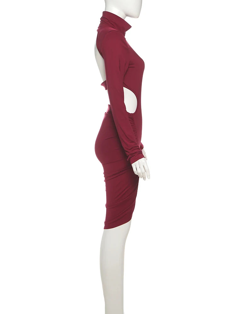 Nibber Hollow Dress Women Turtleneck Ruched Patchwork Full Sleeve Irregular Hem Skinny Stretch Party Club Elegant Mini Bodycon