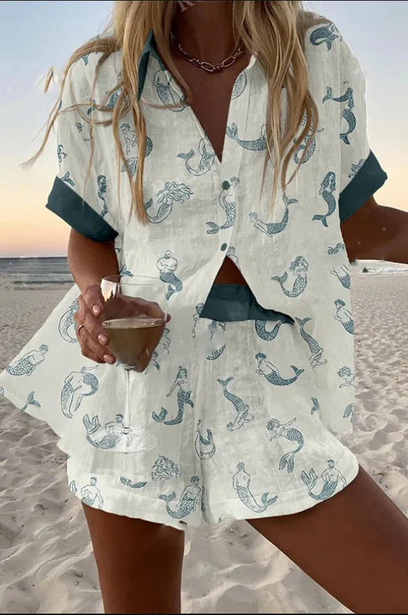 Fashion Print Beach Holiday 2-Piece Set Women Summer Short Sleeve Shirt Top + Wide Legs Short Women's Oversized Two-Piece Outfit