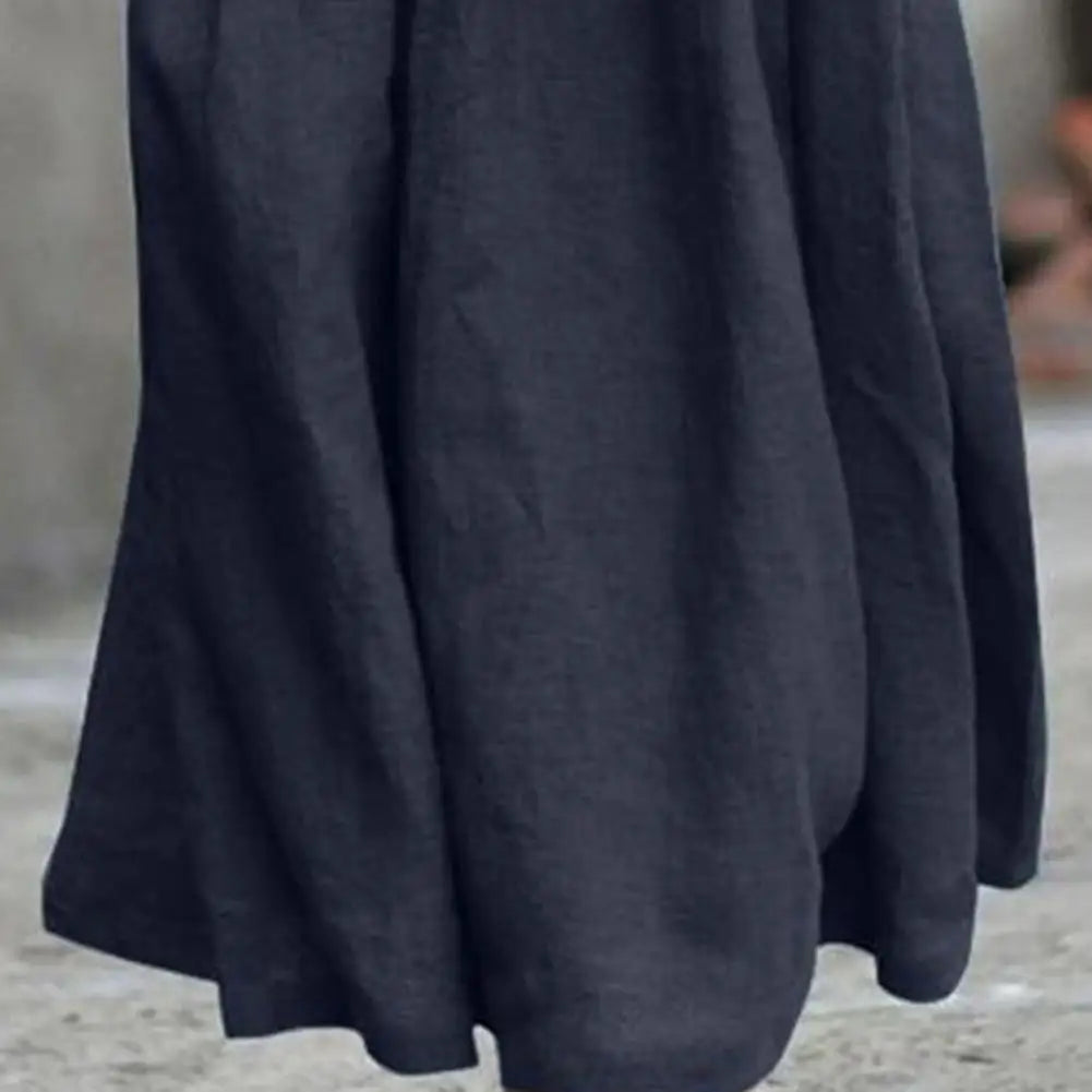 Women's Cotton Linen Maxi Dress Long Sleeve Button Up Crewneck Long Dress with Pockets Plus Size Casual Flowy Beach Sundress
