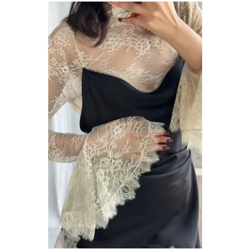 Elegant Sexy Lace Patchwork Mini Dress Women Full Flared Sleeve Waist Cinching See Through Short Dresses Lady Club Party Gowns