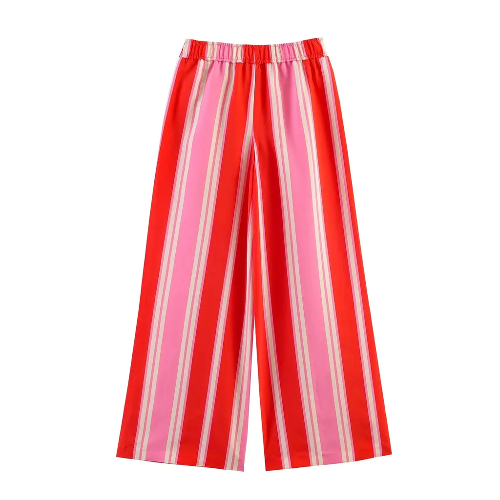 BSAY 2026 Women's Striped 2-Piece Outfit Short Sleeve Shirt Top + Elastic Waist Wide Leg Pants Set Casual Summer Matching Sets