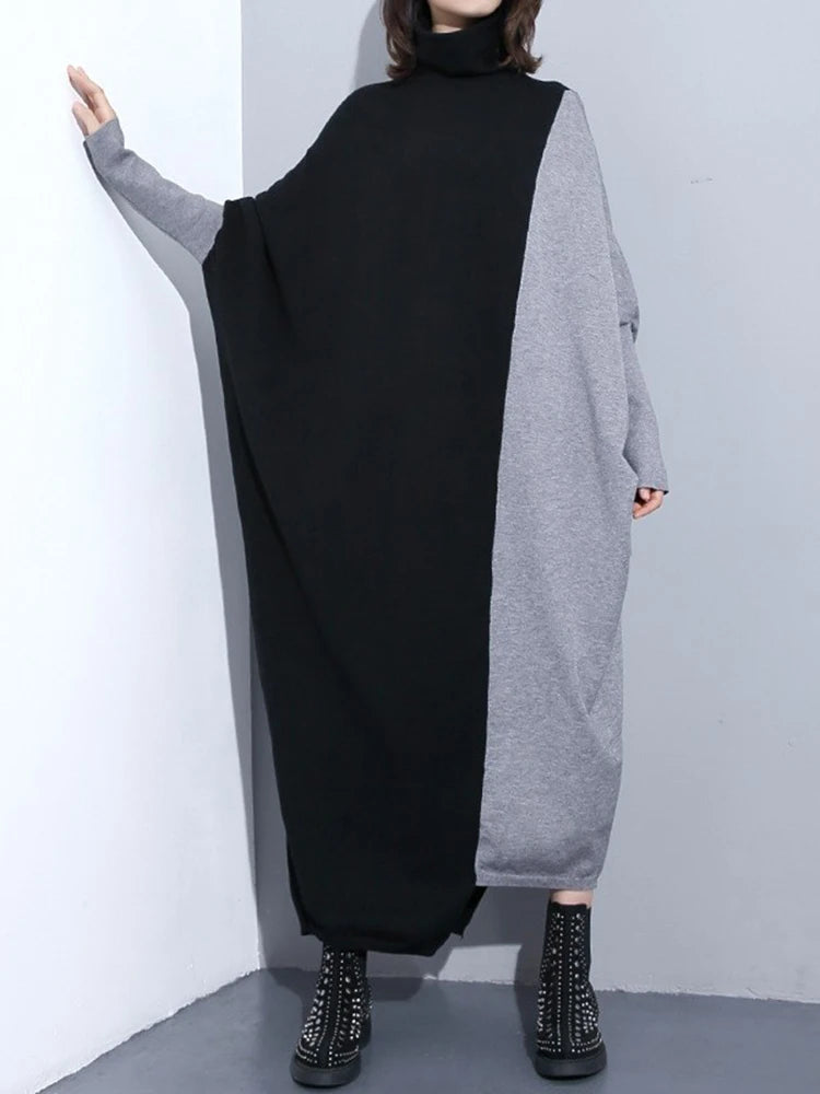 [EAM] Women Coffee Color-block Big Size Long Sweater Dress New Turtleneck Long Sleeve Fashion Tide Spring Autumn 2026 1DJ2393