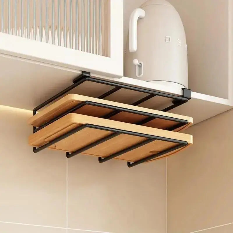 Kitchen Under Cabinet Hanging Organizer Rack with Hooks Multi Purpose Holder for Paper Towel Cutting Board Pot Lids