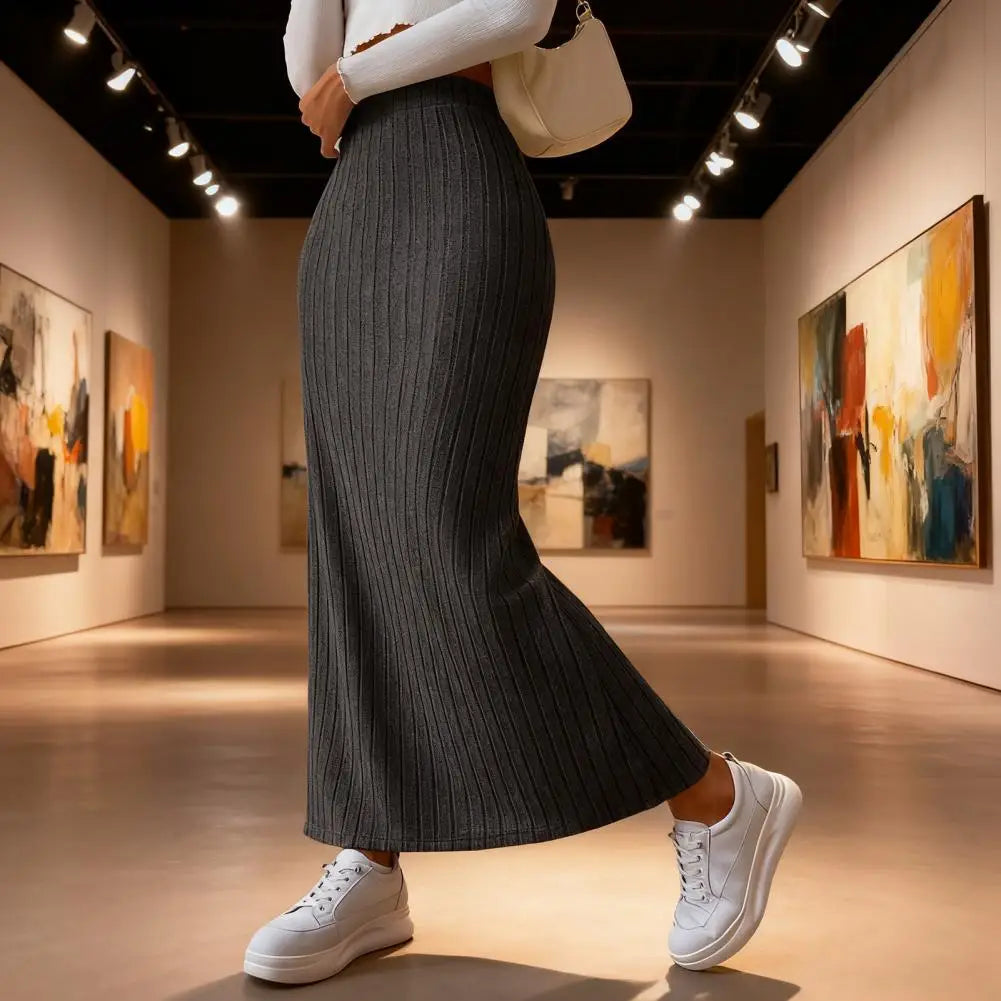 Long Skirt with Side Slits Breathable Maxi Skirt Elegant Ribbed Maxi Skirt with Side Slits High-waisted Solid Color for Autumn