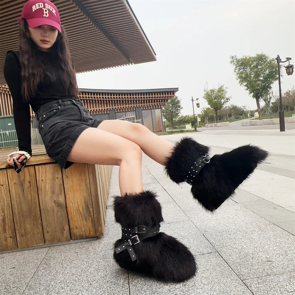Winter Fur New Design Onepiece Raccoon FurFemale Snow Boots Fur shoes OutdoorMid Leg Boots y2k Cool Pink Girl